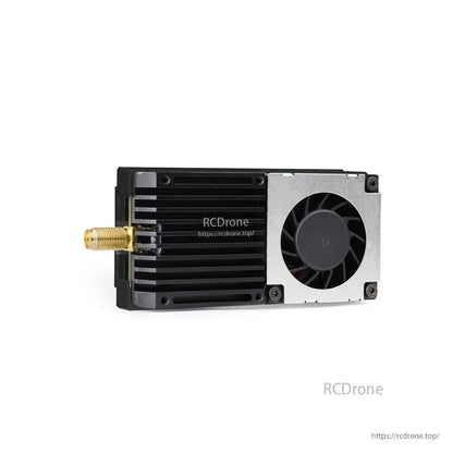 Front view of 5.8G FPV VTX showing cooling fan, finned heatsink, and SMA antenna connector close-up