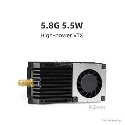 5.8G 5.5W High Power FPV VTX text graphic with front view showing fan and SMA antenna connector