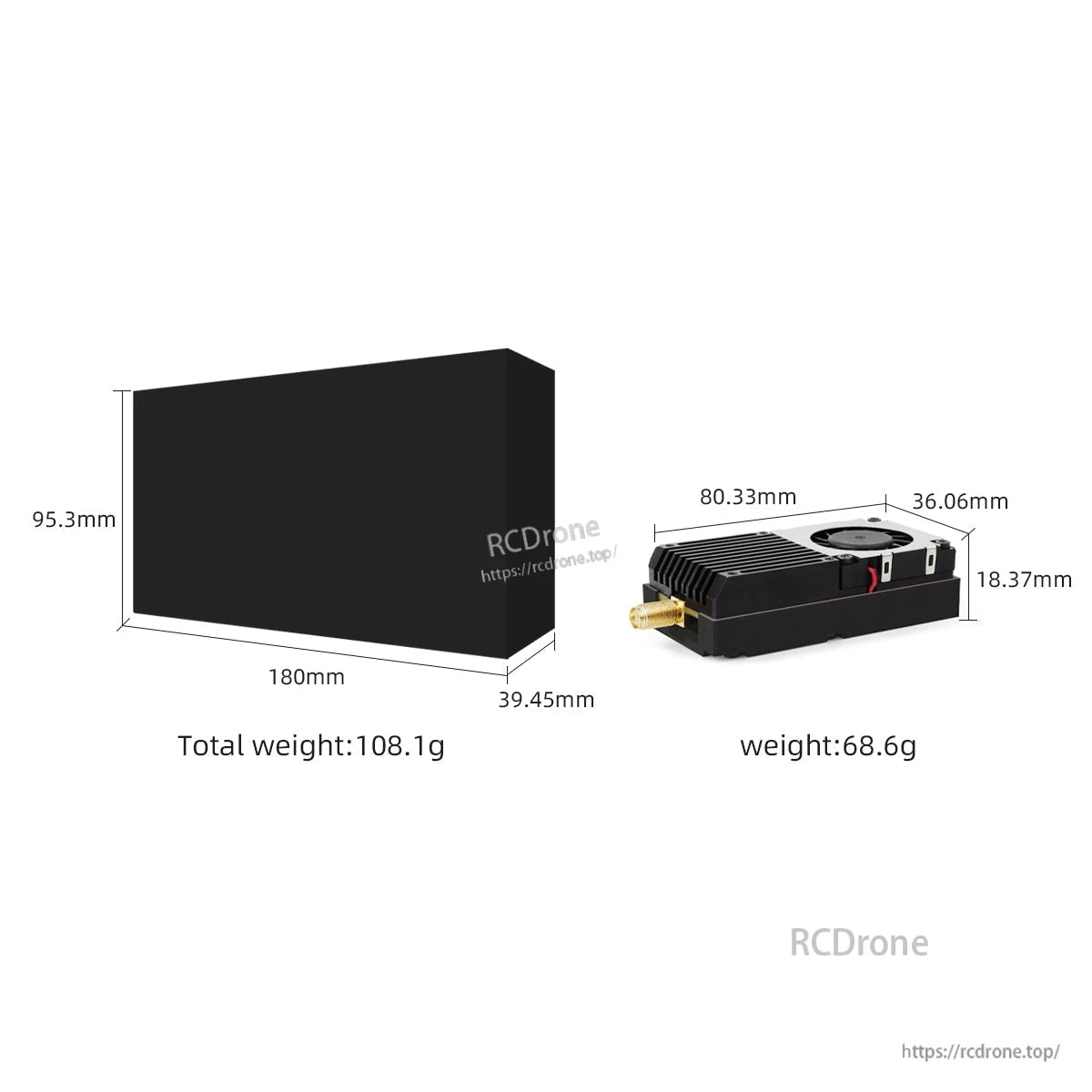 Size and weight diagram showing VTX dimensions and outer box measurements with total weight listed