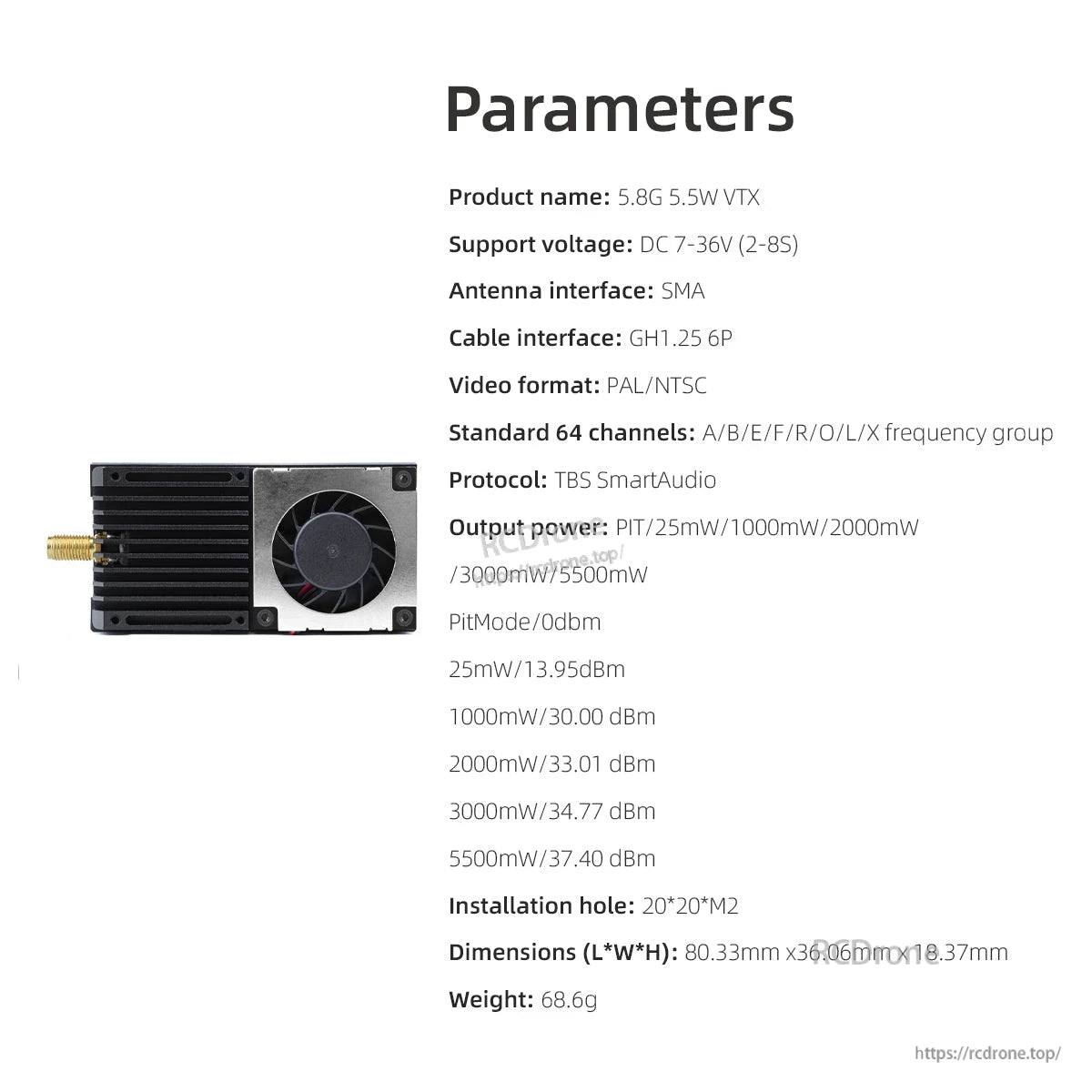 Parameters/spec sheet graphic listing voltage range, SMA interface, SmartAudio protocol, and dimensions