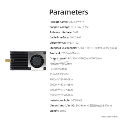 Parameters/spec sheet graphic listing voltage range, SMA interface, SmartAudio protocol, and dimensions