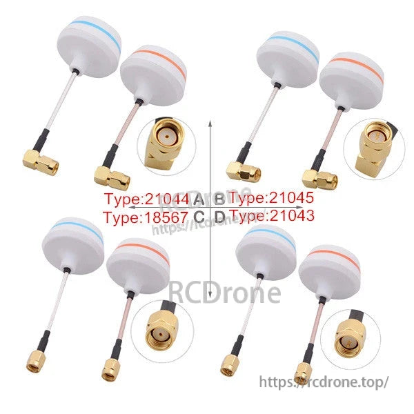 Connector type comparison chart for FPV antenna pair, showing four versions with connector close-ups