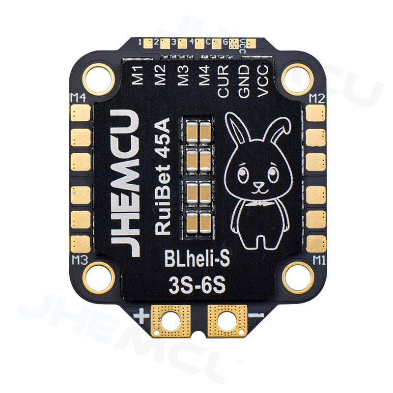 JHEMCU RuiBet 45A 3-6S BLHeli_S 4-in-1 ESC top view with motor pads and CUR/GND/VCC pads