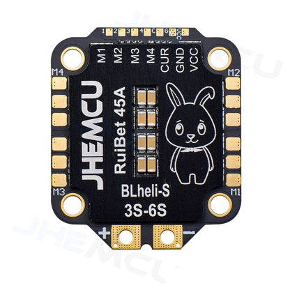 JHEMCU RuiBet 45A 3-6S BLHeli_S 4-in-1 ESC top view with motor pads and CUR/GND/VCC pads