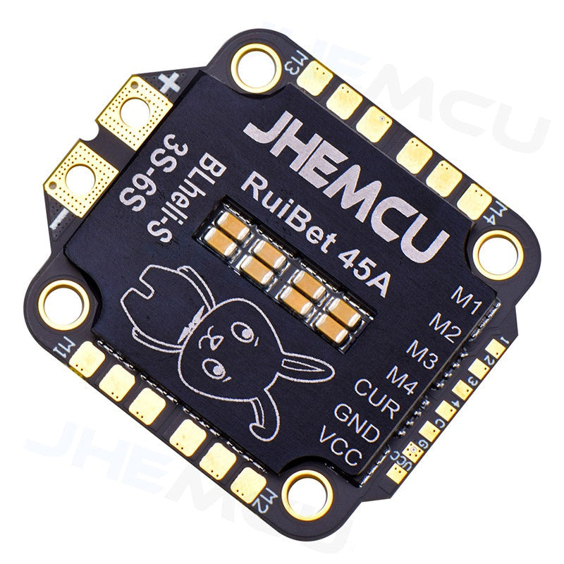 Angled view of RuiBet 45A BLHeli_S 4-in-1 ESC showing mounting holes and solder pad layout