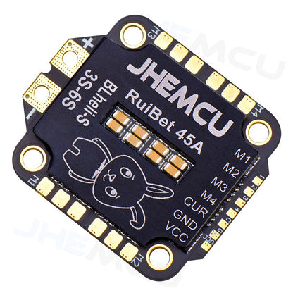 Angled view of RuiBet 45A BLHeli_S 4-in-1 ESC showing mounting holes and solder pad layout