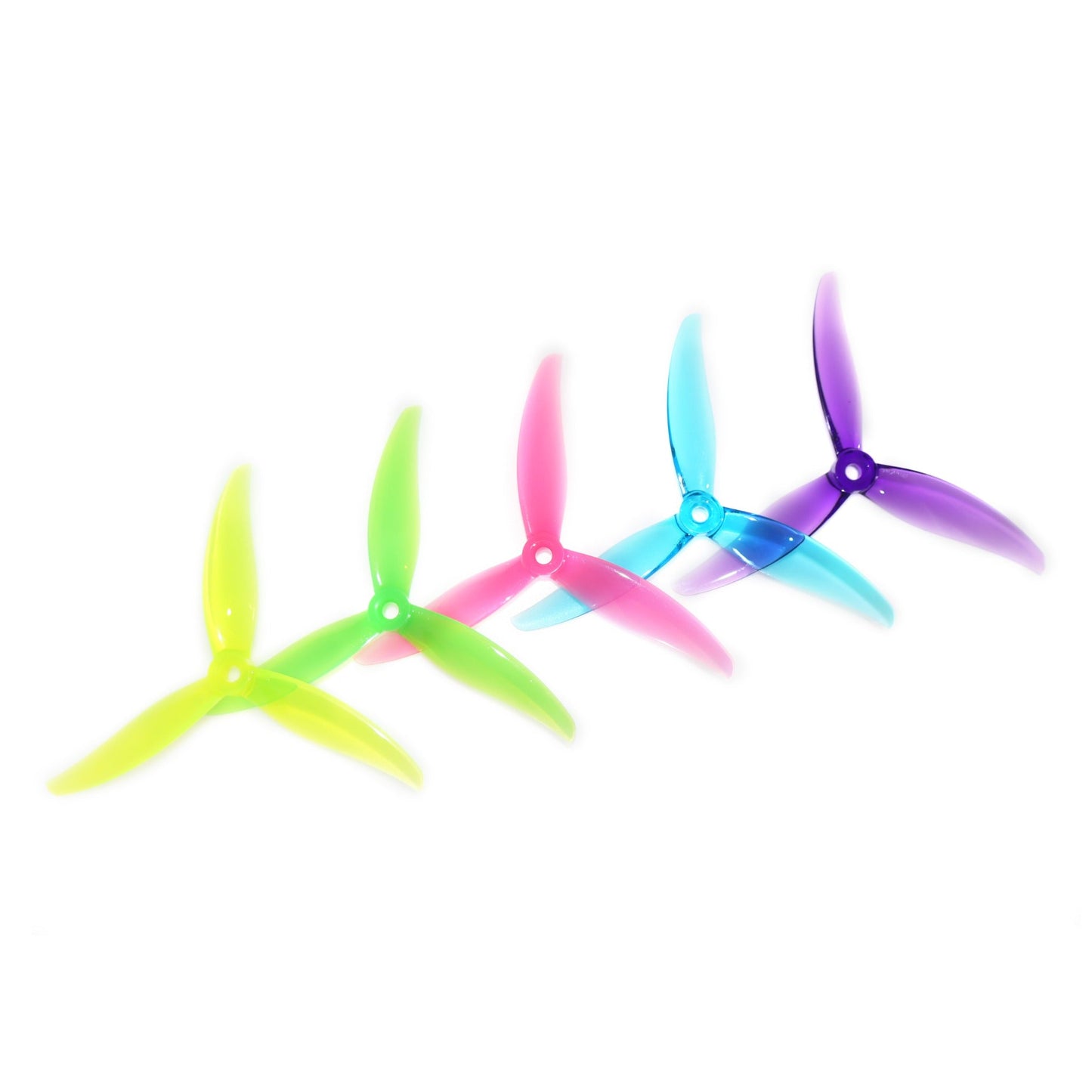 HQProp MCK-PC 5.1in 3-blade polycarbonate drone propeller set, assorted colors on white