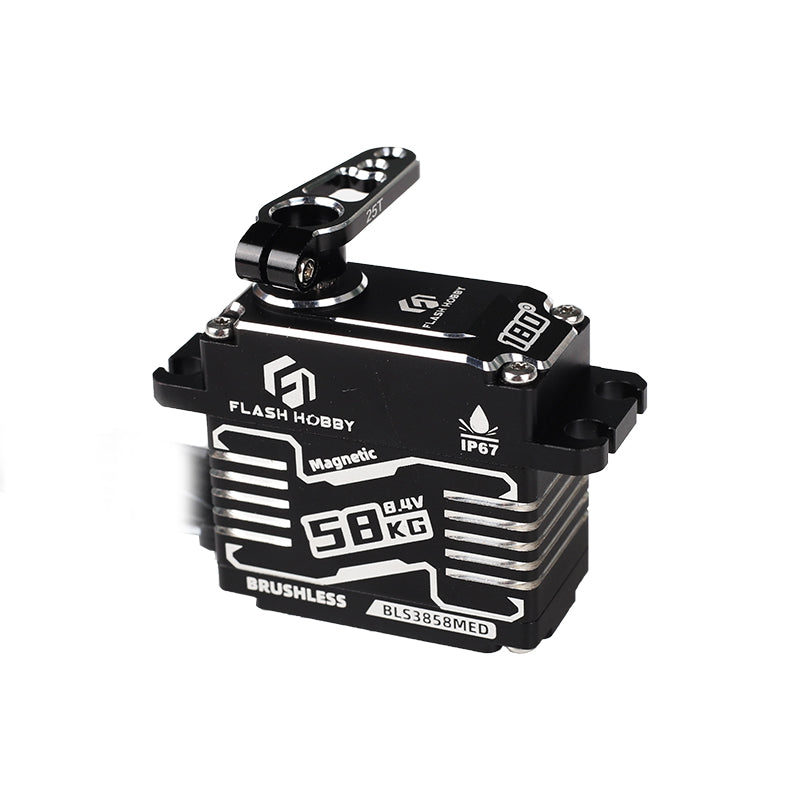 Flashhobby BLS3858MED brushless digital servo with CNC metal case, 25T servo horn, IP67 marking, 8.4V 58kg