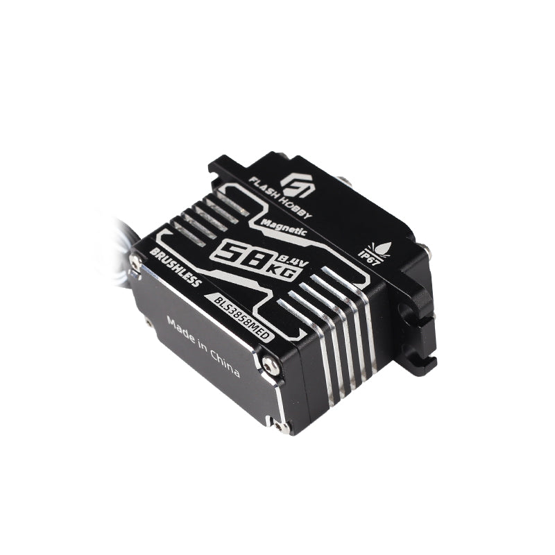 Flashhobby BLS3858MED brushless digital servo with CNC black case, labeled 58kg 8.4V, IP67, magnetic