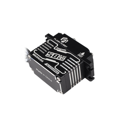Flashhobby BLS3858MED brushless digital servo with CNC black case, labeled 58kg 8.4V, IP67, magnetic