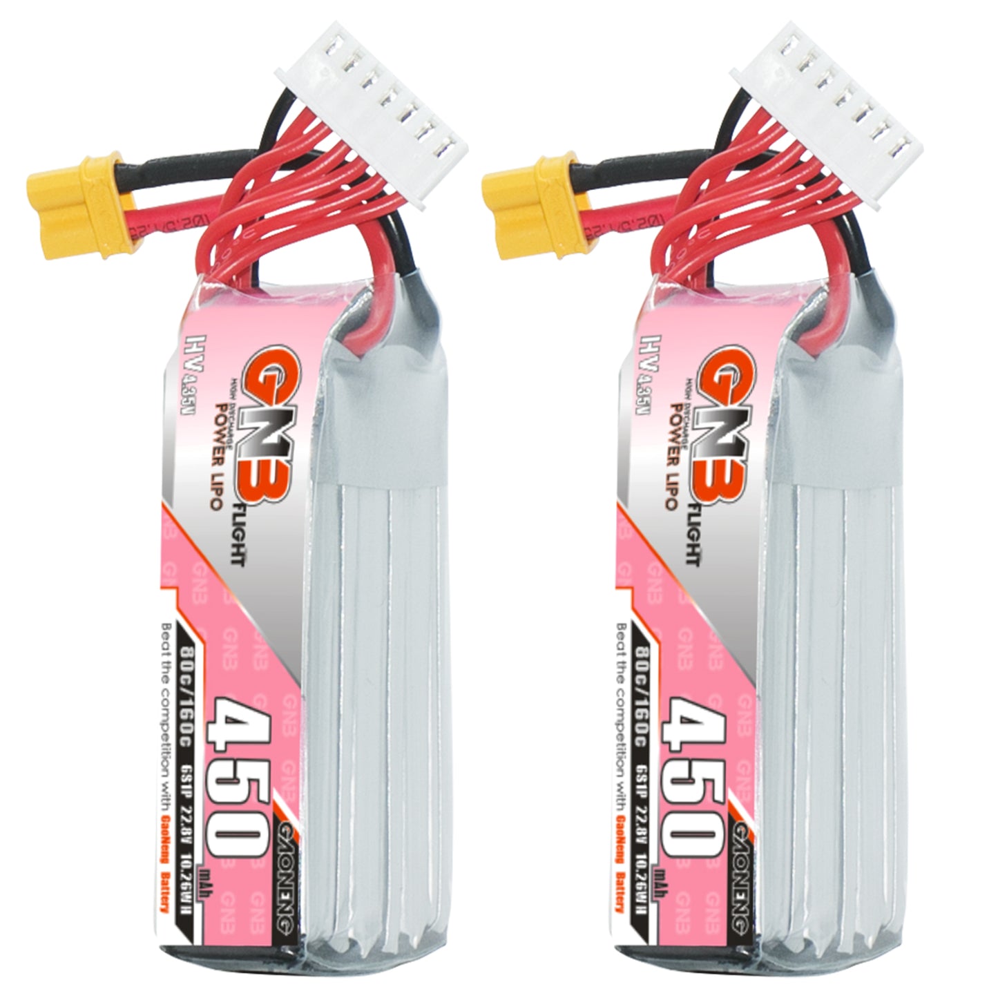 GAONENG GNB450 6S LiHV 450mAh 80C XT30 FPV LiPo battery, long type (2-pack view)