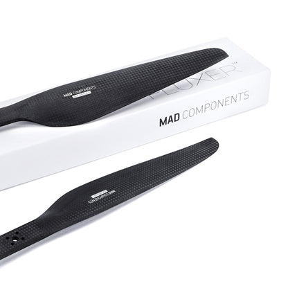 MAD FLUXER Pro Matt Carbon Fiber Propeller, MAD FLUXER Pro matte carbon fiber propeller blades with MAD Components branding on white box