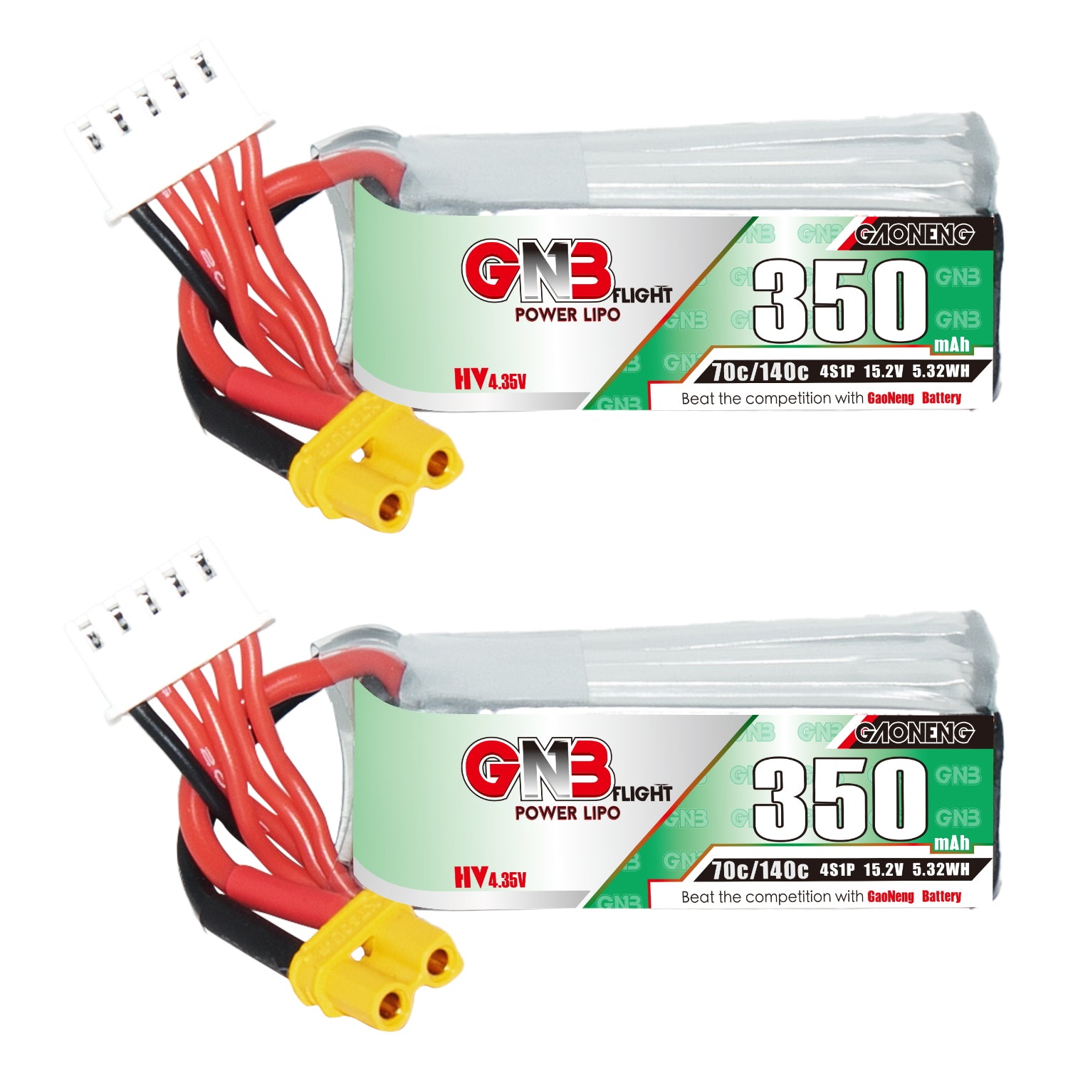 GAONENG GNB 350mAh 4S LiHV 15.2V 70C XT30 LiPo battery with balance lead, two-pack view