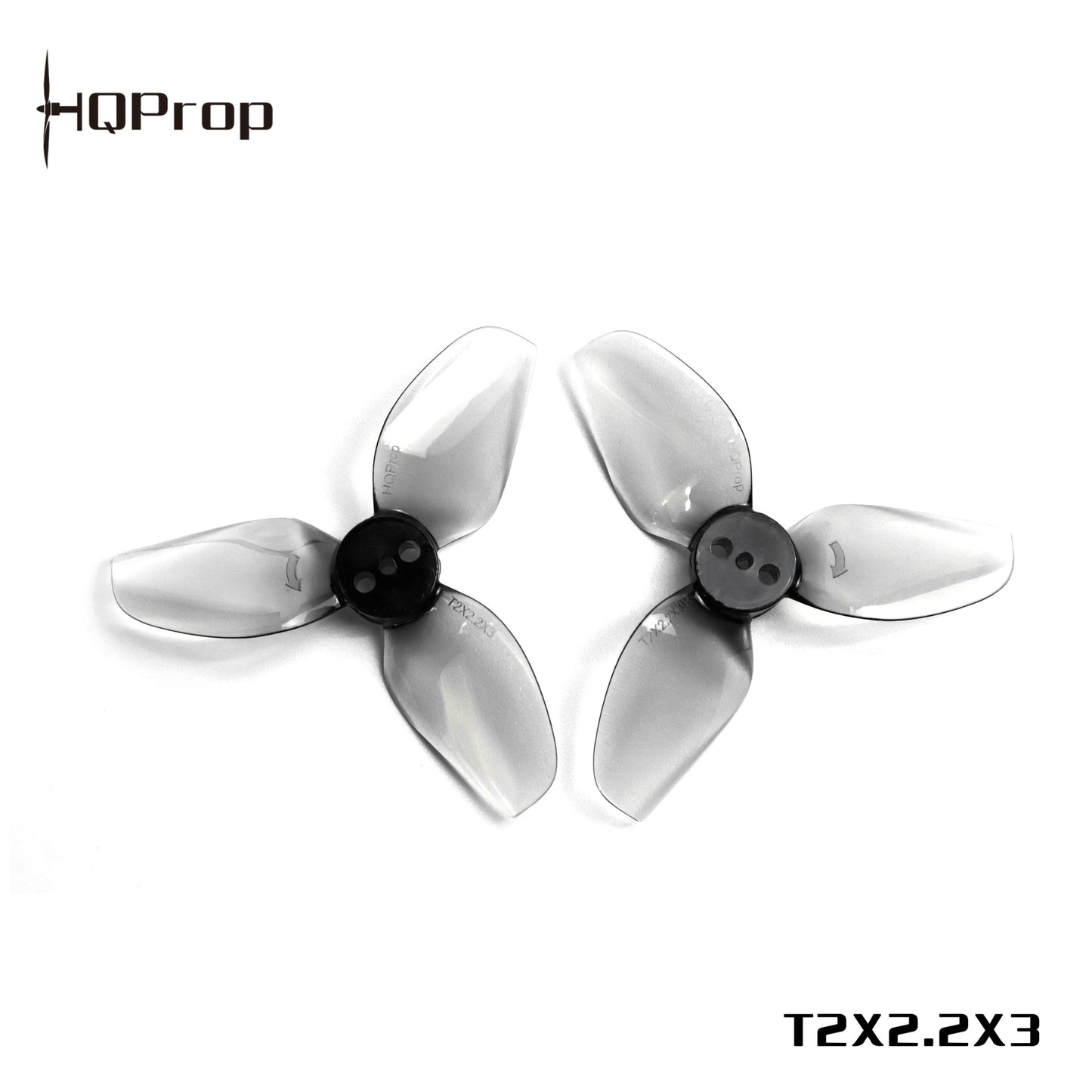 HQProp T2X2.2X3 tri-blade propellers with printed model text on image, grey transparent blades