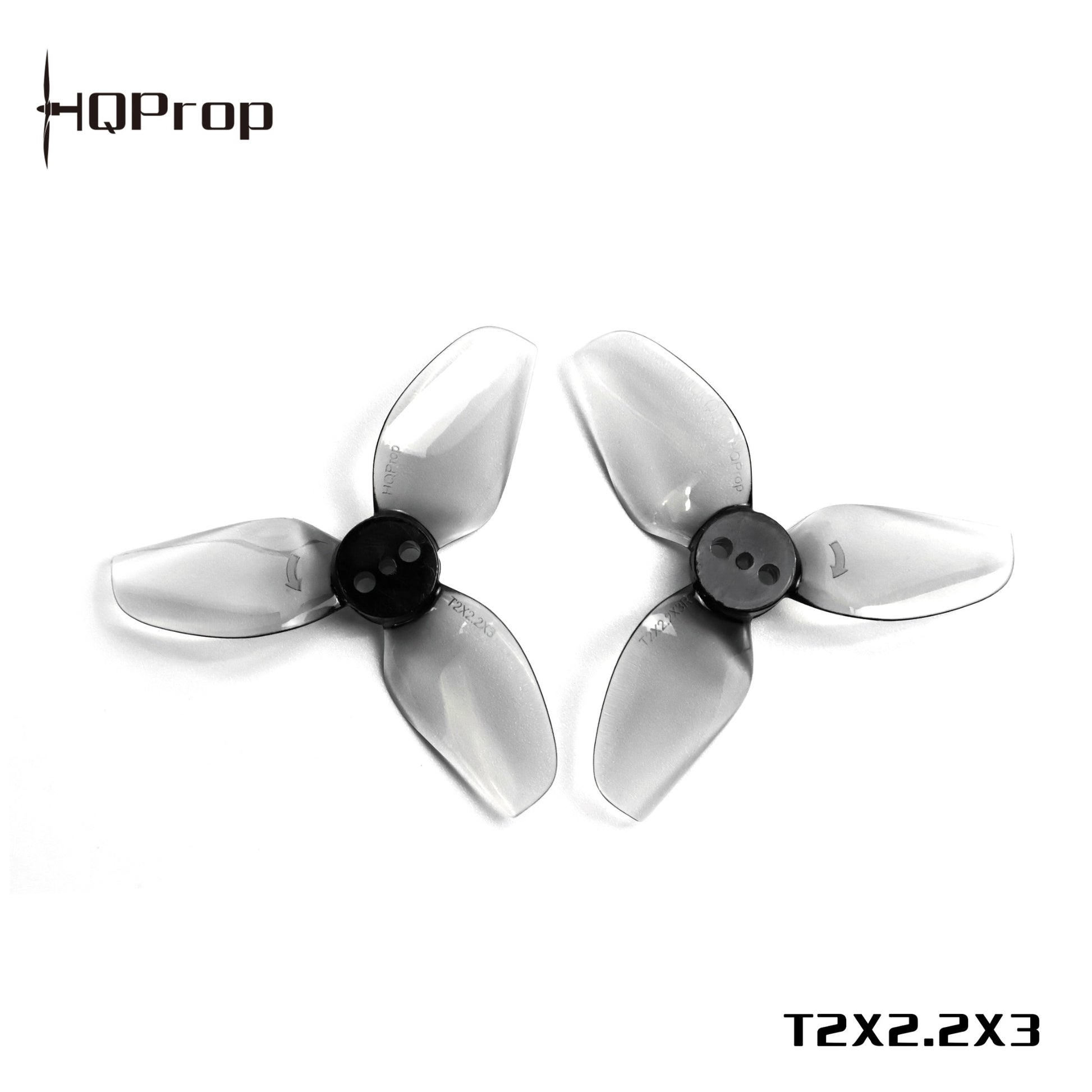HQProp T2X2.2X3 tri-blade propellers with printed model text on image, grey transparent blades