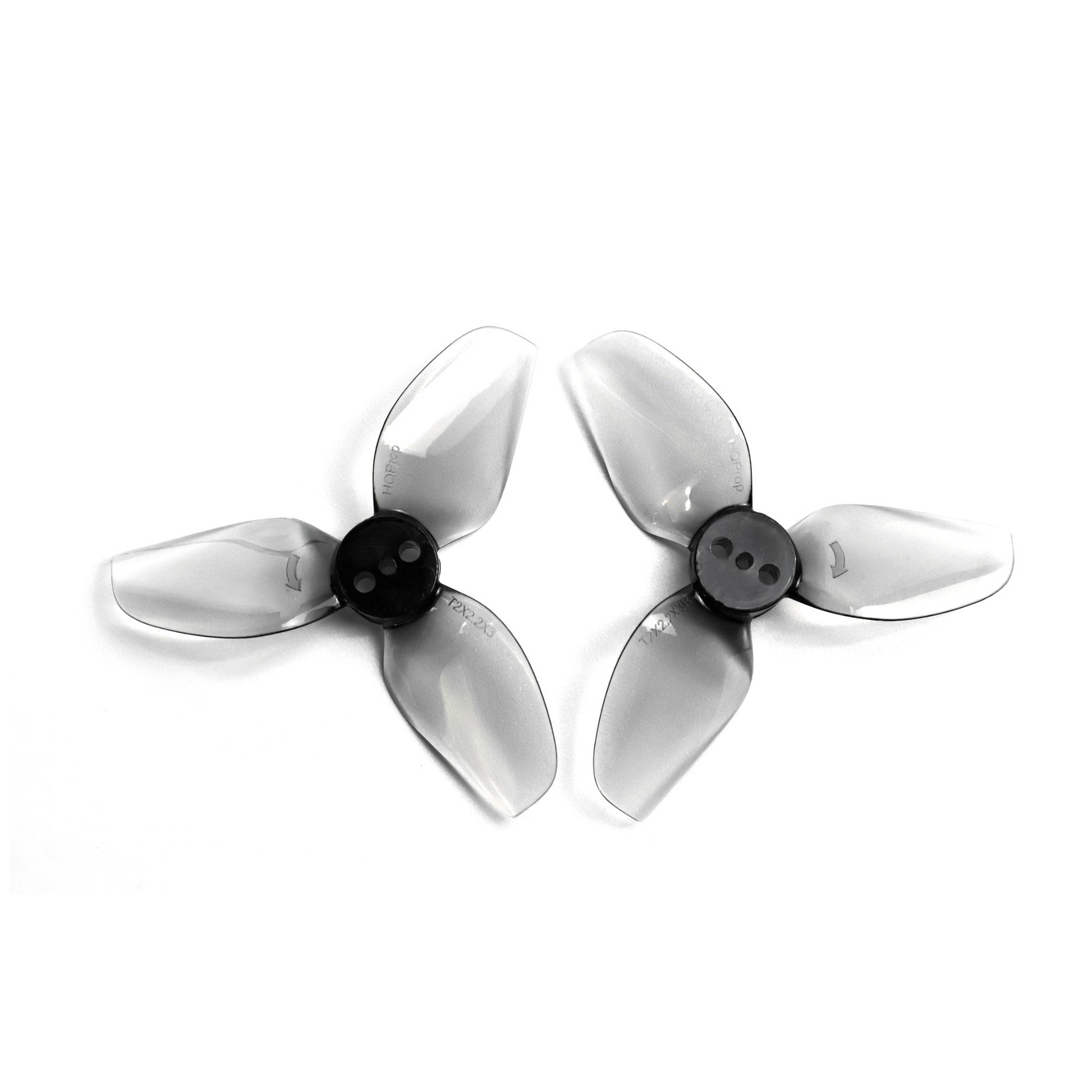 HQProp T2X2.2X3 grey polycarbonate propeller set, two 3-blade drone props with black hubs