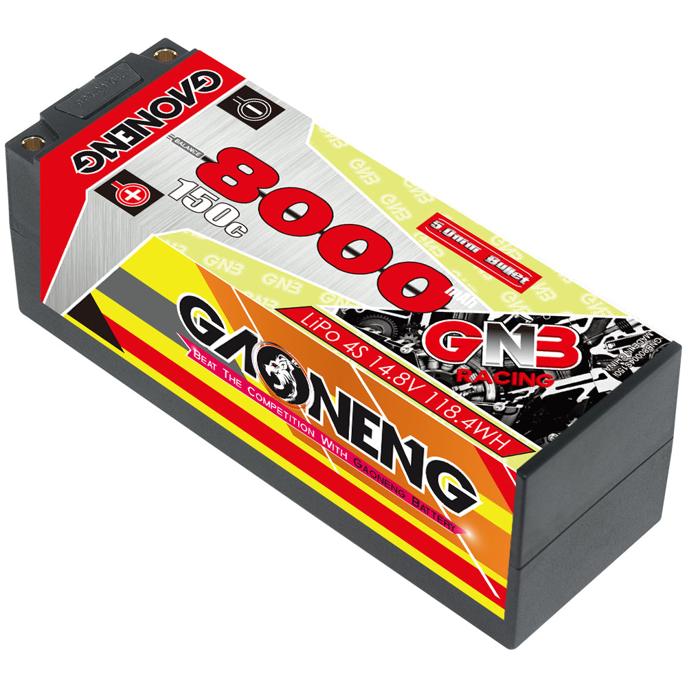 GAONENG GNB hard case LiPo battery angled top view, 4S 14.8V 8000mAh 150C label visible