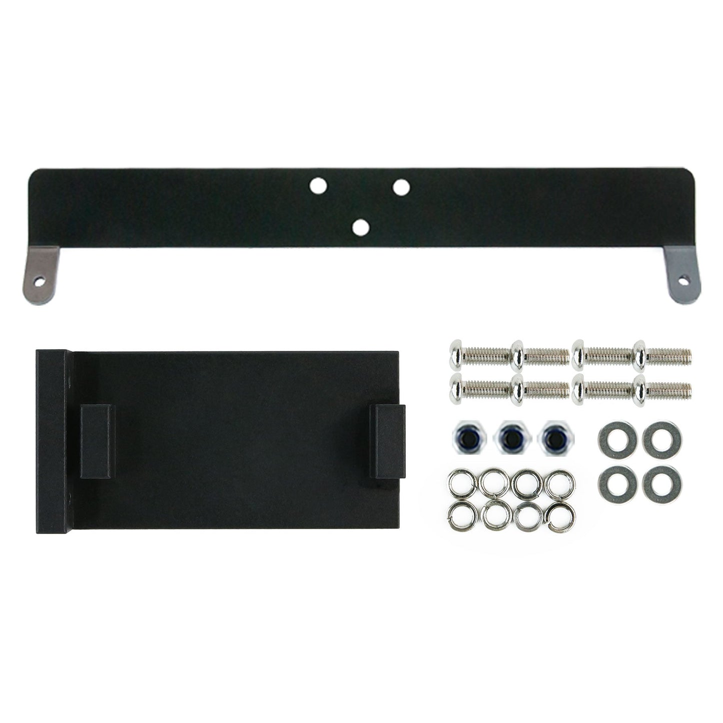 Close-up of metal bracket parts with mounting hardware: two plates, bolts, nuts and washers