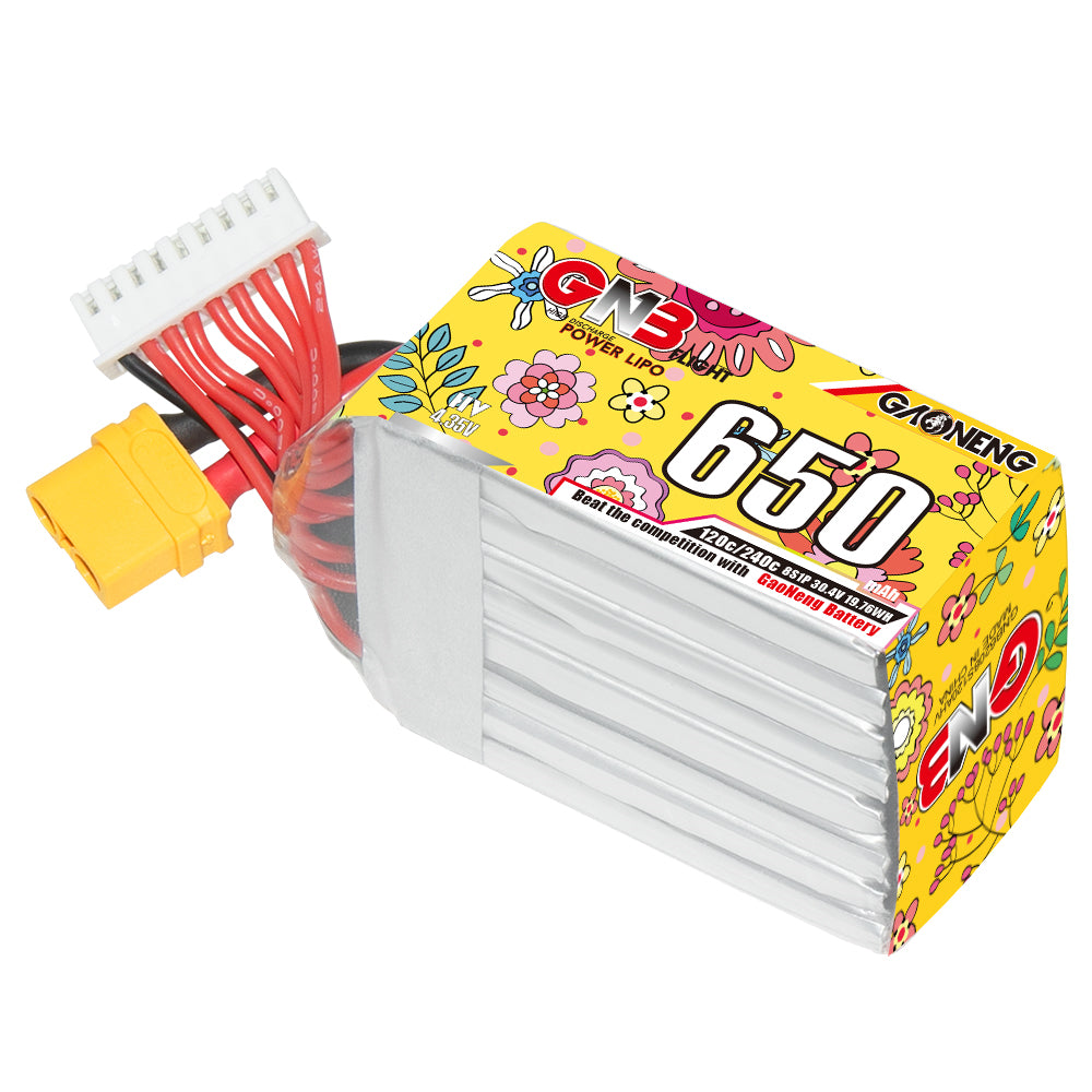 Single GAONENG GNB 8S LiHV 650mAh battery with XT60 plug and white balance connector