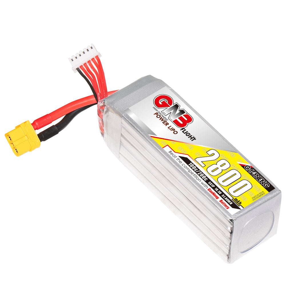 GAONENG GNB 5S 2800mAh 100C XT60 LiPo battery angled main view with balance lead and XT60 connector