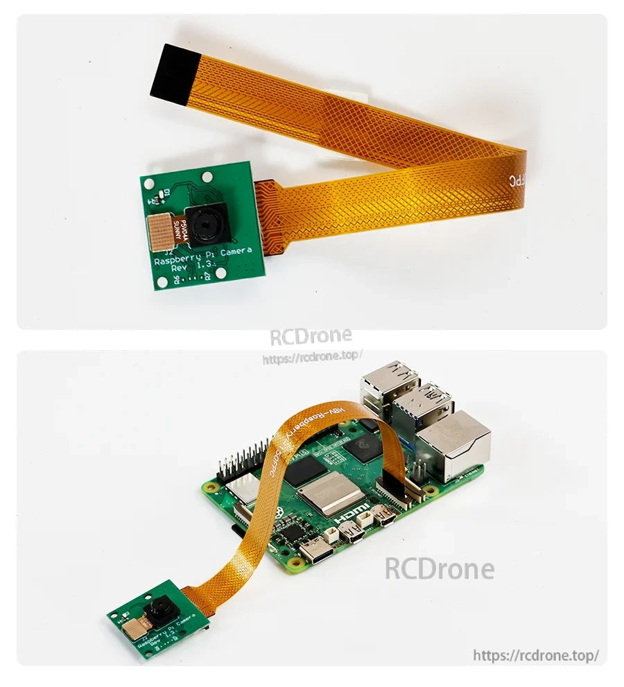 OV5647 camera board close-up with ribbon cable and an example installation connected to Raspberry Pi 5
