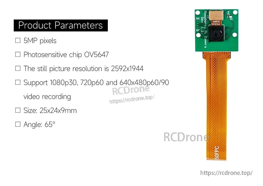Product parameters for OV5647 5MP CSI camera: 2592×1944 stills, 1080p30, 65° FOV, 25×24×9mm
