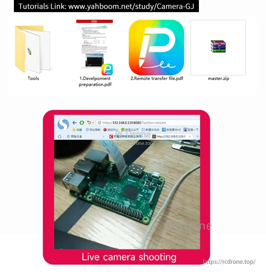 Tutorials link screenshot with file list and live camera shooting preview on a Raspberry Pi setup