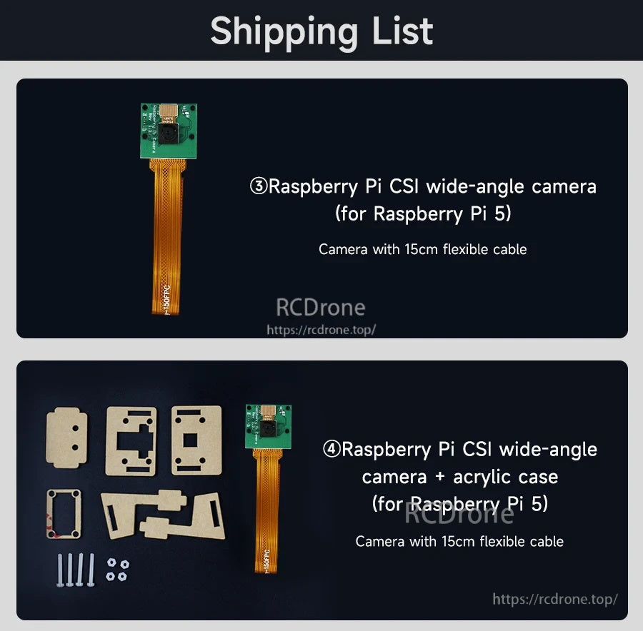 Package options list: camera with 15cm CSI cable, or camera plus acrylic case kit for Raspberry Pi 5