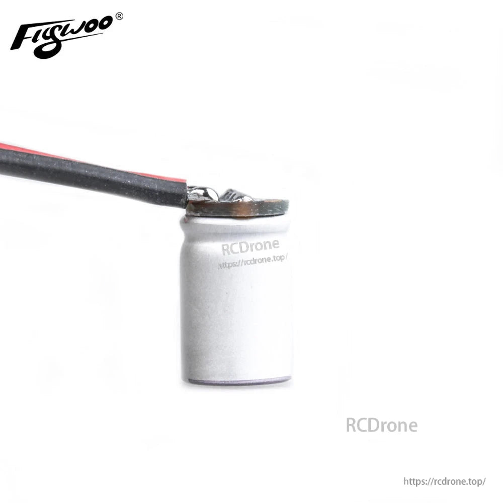 Flywoo solid capacitor with pre-soldered red and black leads on aluminum can for drone power filtering