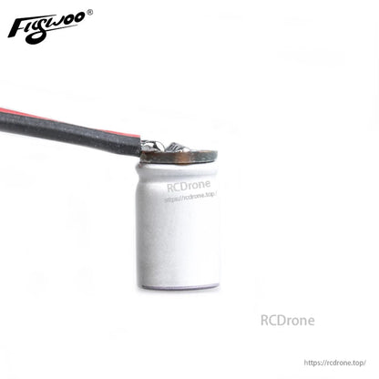 Flywoo solid capacitor with pre-soldered red and black leads on aluminum can for drone power filtering