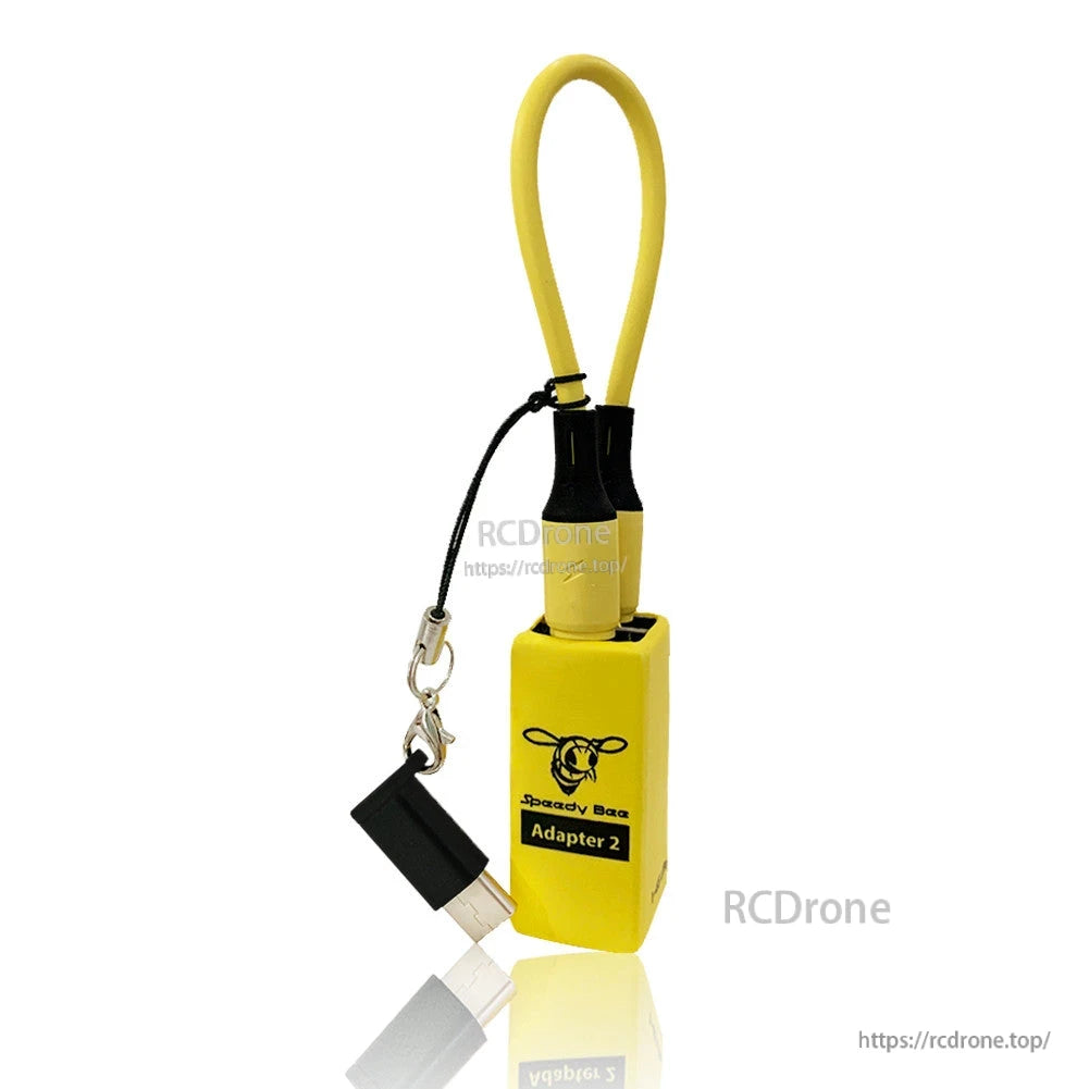 5PCS Micro USB to USB C Converter Adapter, Yellow SpeedyBee Adapter 2 USB adapter with attached cable loop and small connector dongle on a keychain