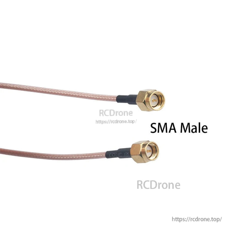 RG316 coaxial cable jumper with SMA male connectors on both ends, shown close-up with threaded brass fittings