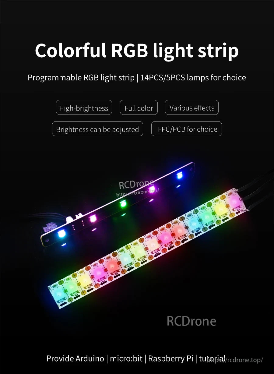 Yahboom YB-CSF01-LED WS2812 RGB light strip, 5-LED PCB and 14-LED FPC versions with full-color effects