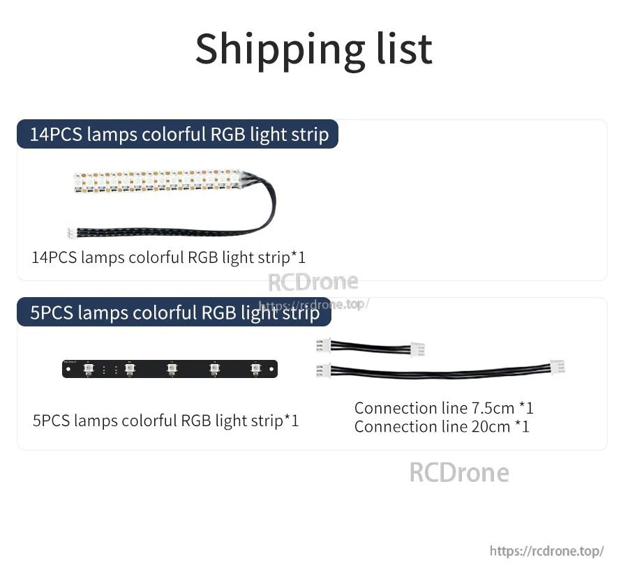 Package contents list for 14-LED strip and 5-LED bar, including PH2.0 connection cables (7.5 cm and 20 cm)