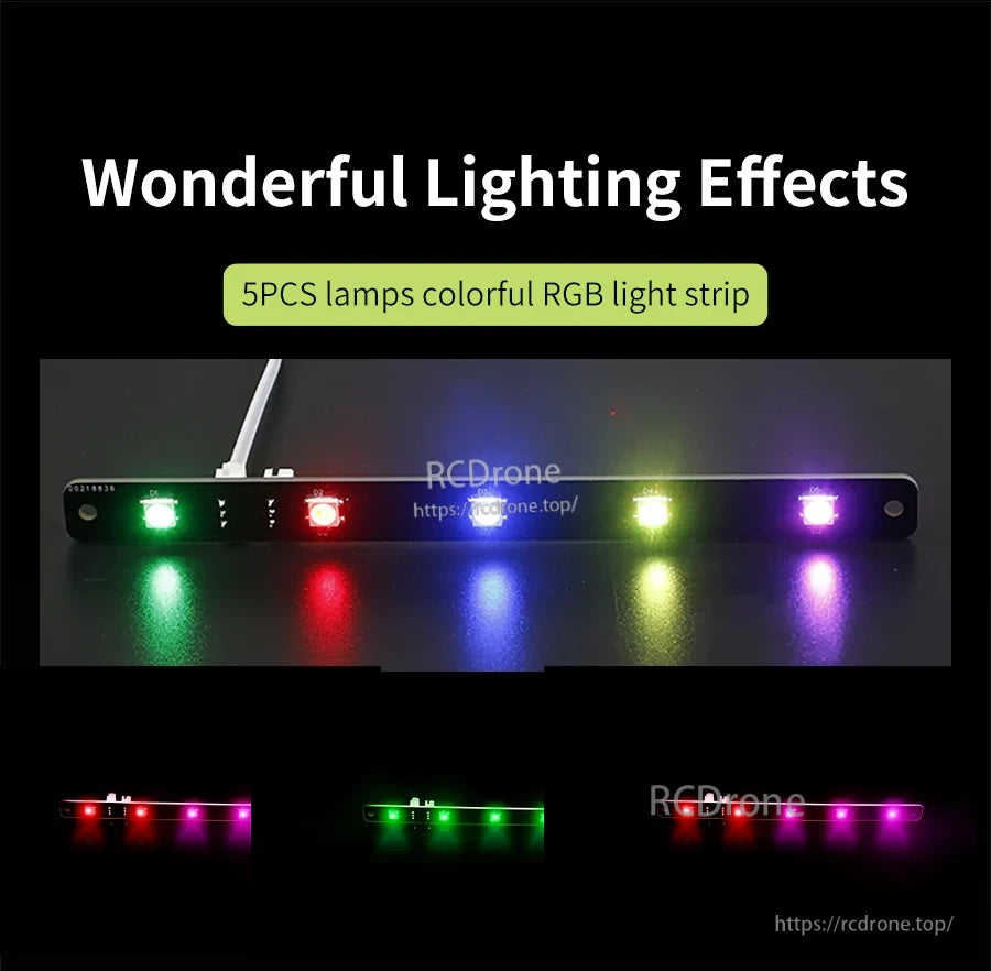 5-LED programmable RGB light bar with individually addressable LEDs displaying multiple colors and brightness levels