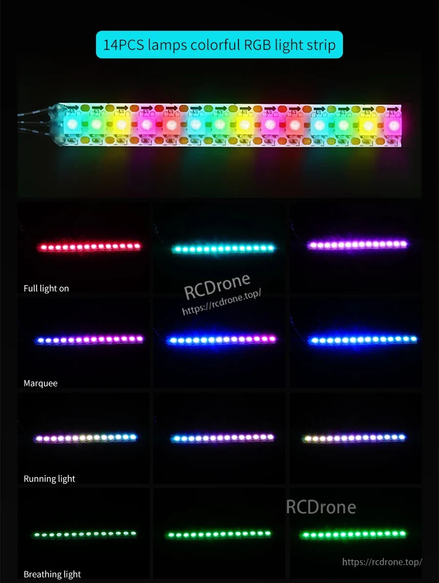14-LED WS2812 RGB light strip demonstrating full-on, marquee, running light, and breathing light effects