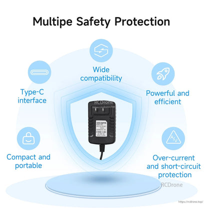 5V 3A USB-C power supply infographic showing multiple safety protection and wide compatibility icons