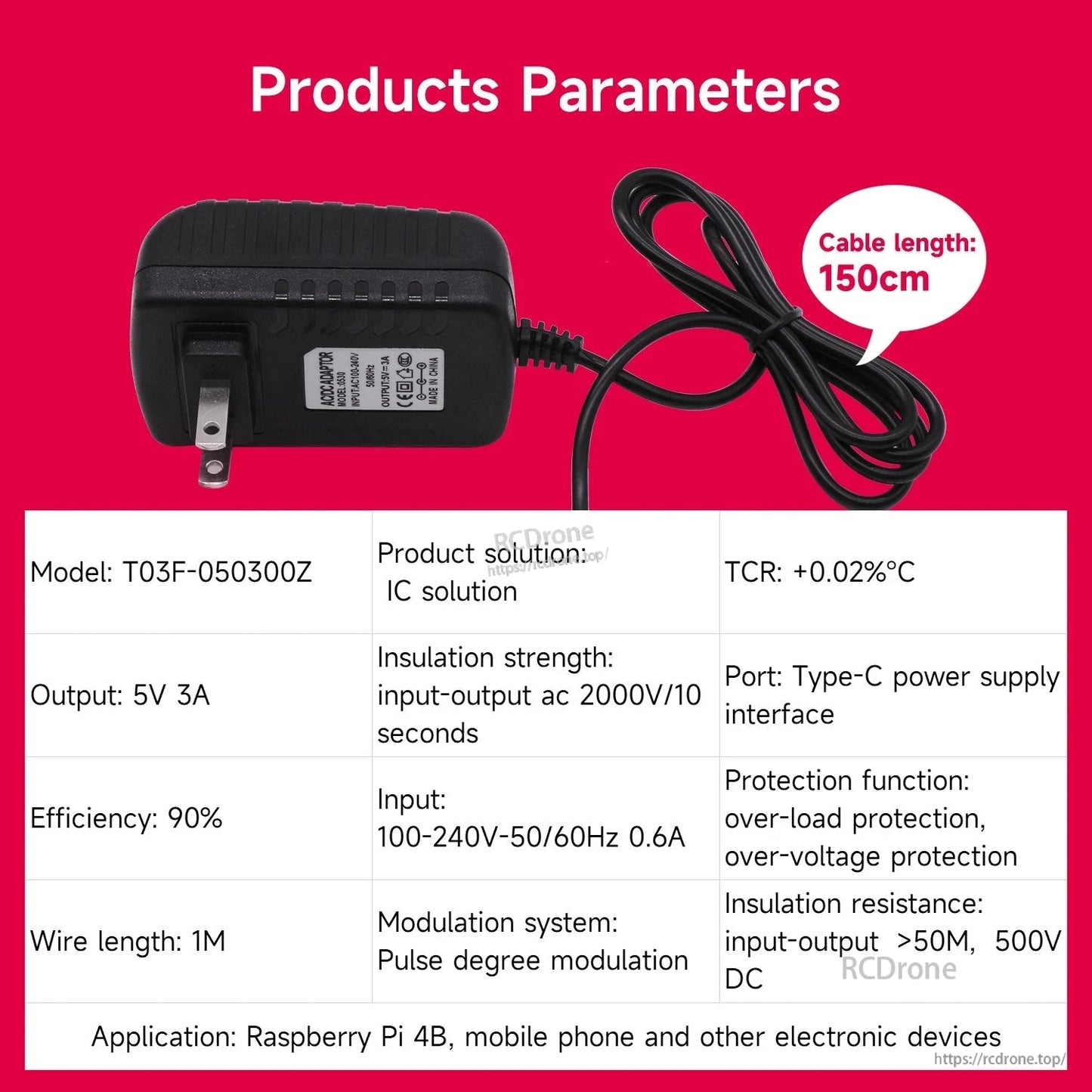 Product parameters label: 5V 3A output, 100-240V input, Type-C port, cable length 150cm