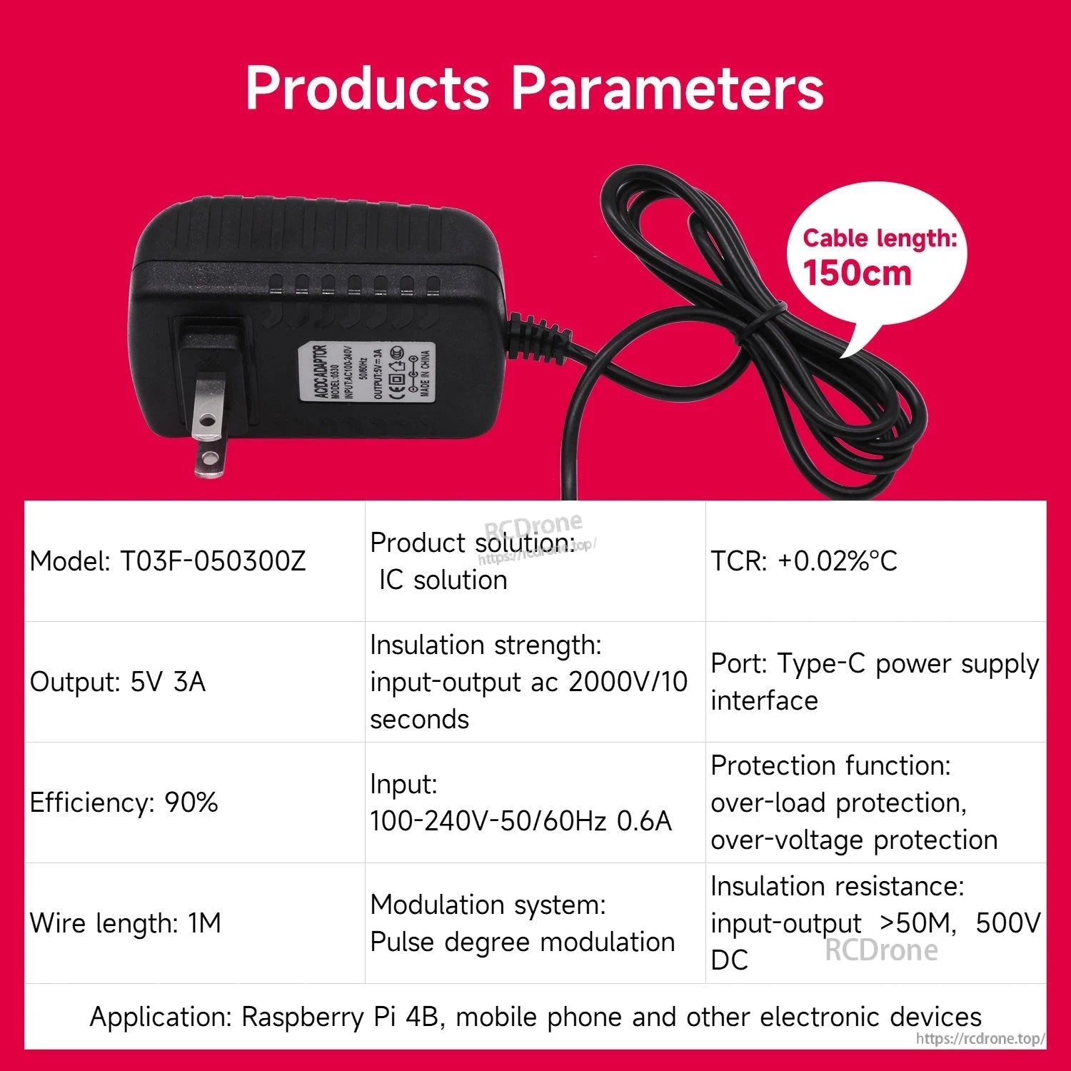 Product parameters label: 5V 3A output, 100-240V input, Type-C port, cable length 150cm