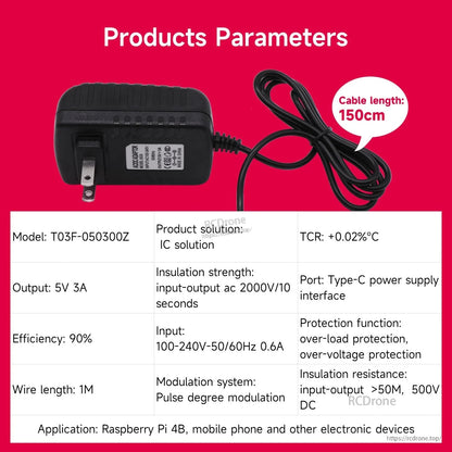 Product parameters label: 5V 3A output, 100-240V input, Type-C port, cable length 150cm