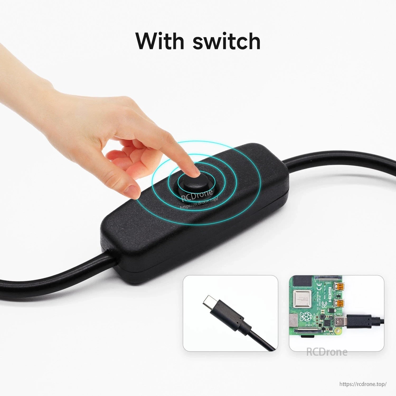 Inline switch close-up with finger pressing power button; inset shows USB-C plug and Raspberry Pi connection