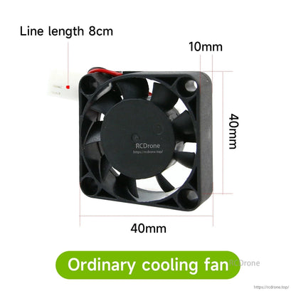 Fan dimension diagram showing 40×40×10mm size and 8cm cable length