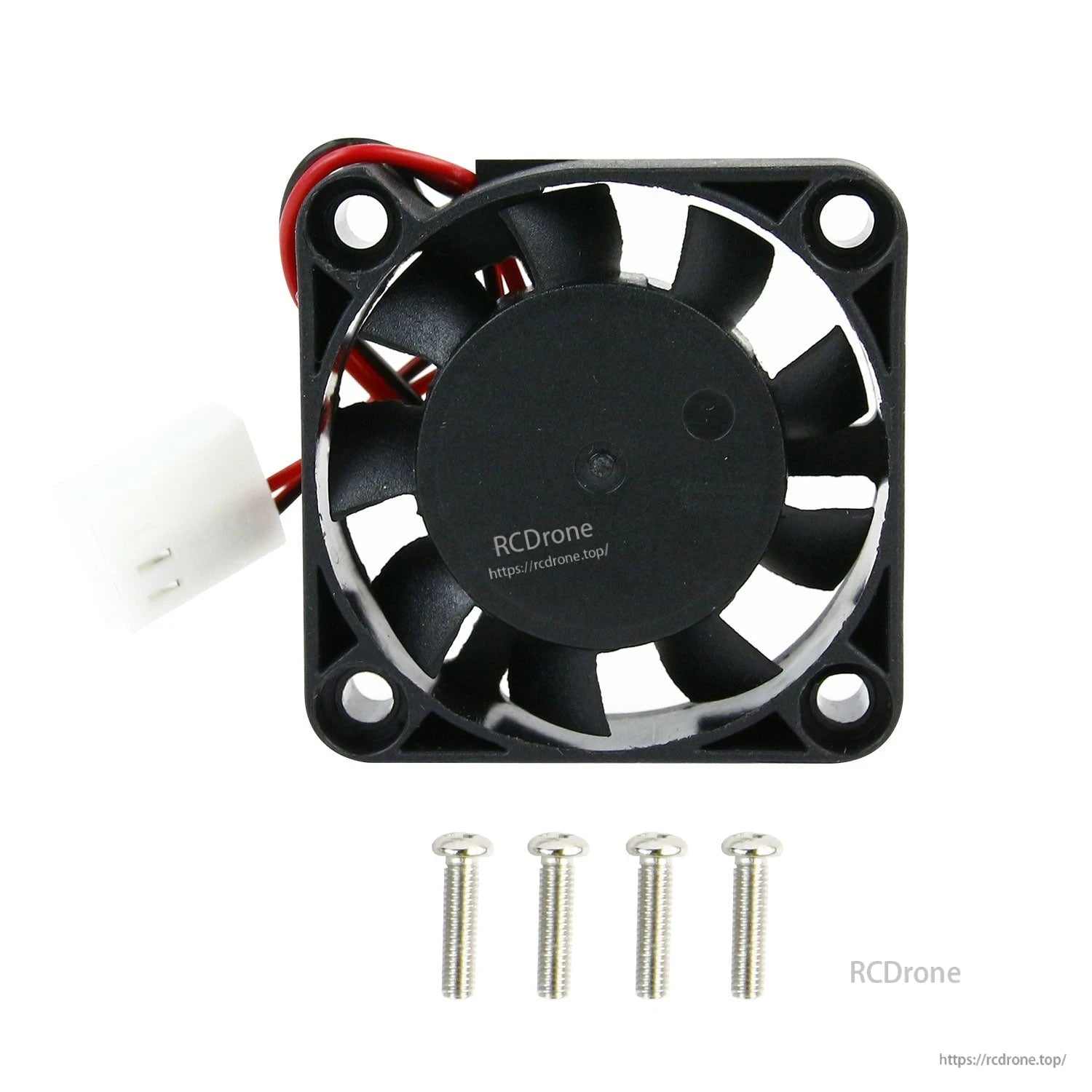 Cooling fan with 2-pin plug and four silver mounting screws laid out below