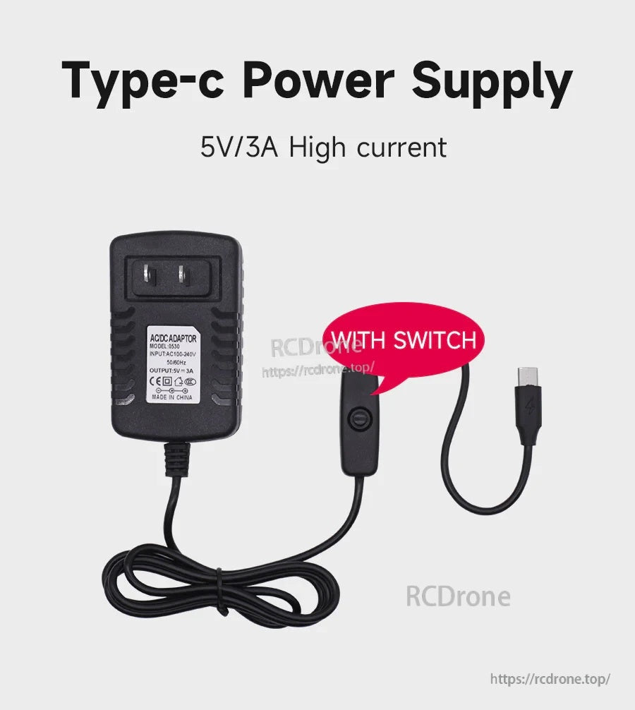 5V 3A USB Type-C power adapter with inline on/off switch for Raspberry Pi 4B and Raspberry Pi 400