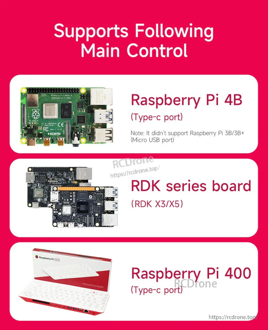 Compatibility list showing support for Raspberry Pi 4B, Raspberry Pi 400, and RDK X3/X5 boards