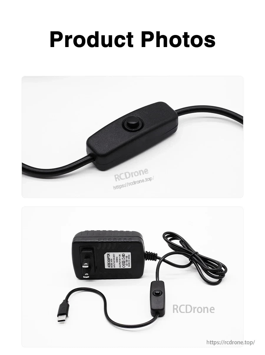 Product photos of the inline power switch and the full 5V/3A USB‑C adapter with cable