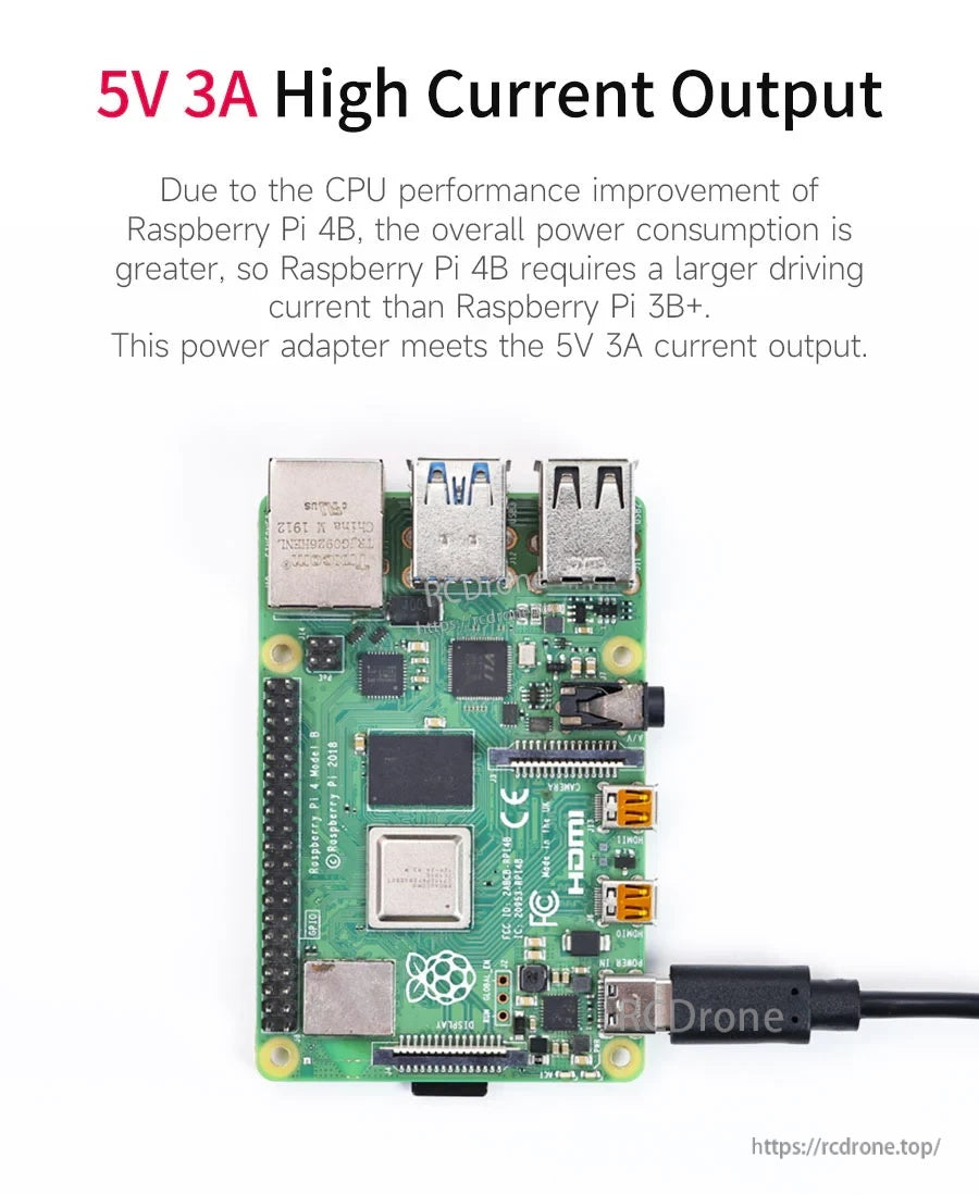 Raspberry Pi 4B powered via USB‑C, highlighting 5V 3A high current output support