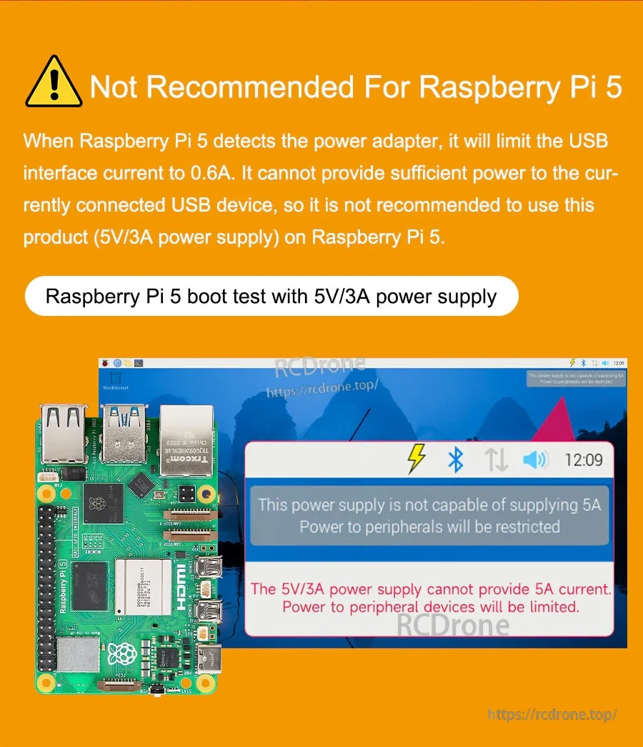 Warning notice: 5V/3A USB‑C power supply not recommended for Raspberry Pi 5 due to USB current limiting