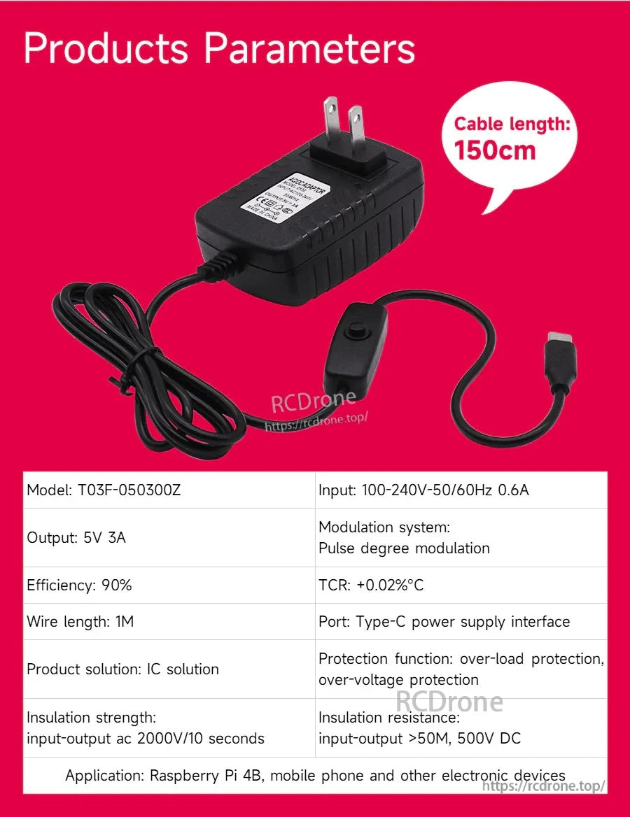 Product parameters graphic for model T03F-050300Z with 100–240V input, 5V 3A output, and 150 cm cable length