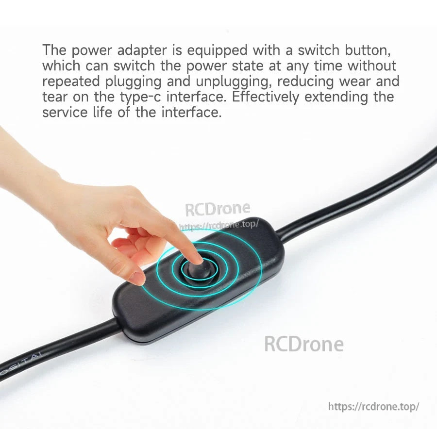 Inline switch on the USB‑C power cable for toggling power without unplugging the adapter